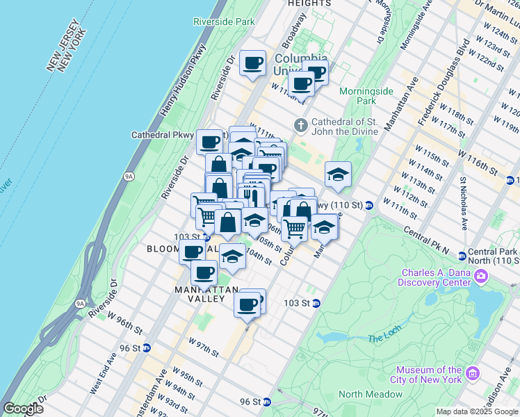 map of restaurants, bars, coffee shops, grocery stores, and more near 949 Amsterdam Avenue in New York