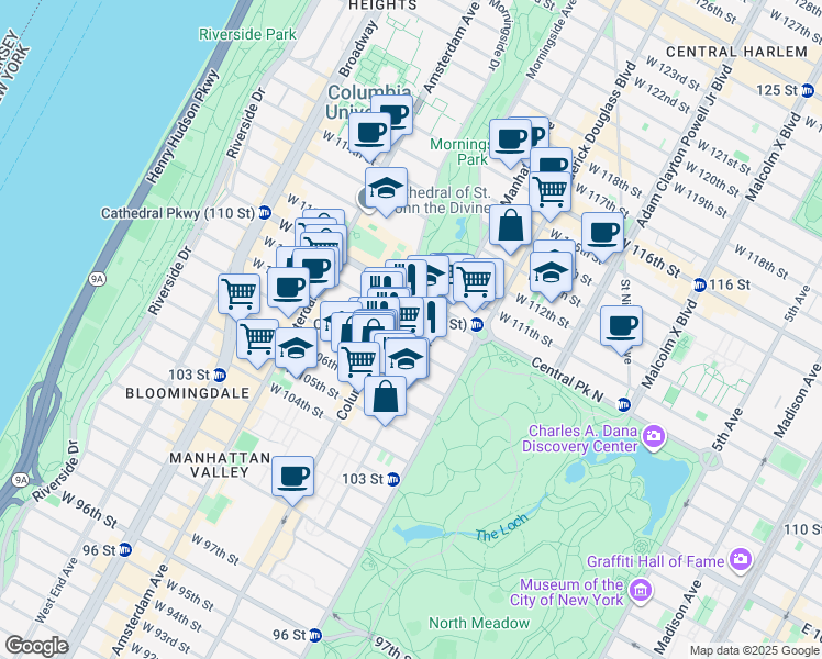 map of restaurants, bars, coffee shops, grocery stores, and more near 177 Manhattan Avenue in New York