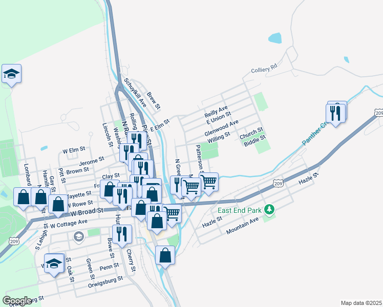 map of restaurants, bars, coffee shops, grocery stores, and more near 215 Market Street in Tamaqua