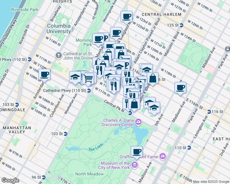 map of restaurants, bars, coffee shops, grocery stores, and more near 1848 7th Avenue in New York