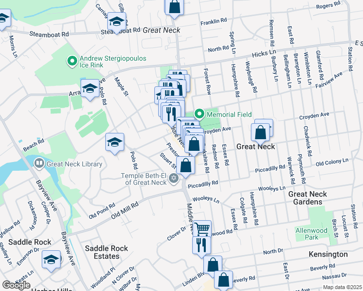 map of restaurants, bars, coffee shops, grocery stores, and more near 16 Preston Road in Great Neck