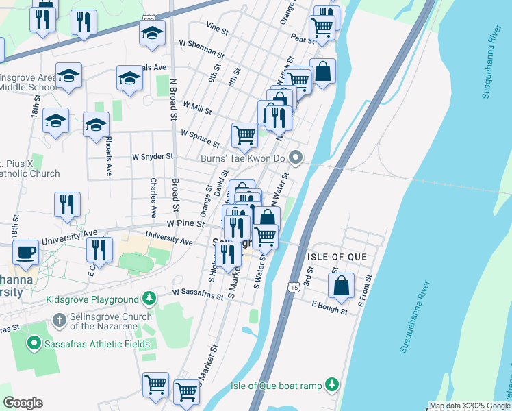 map of restaurants, bars, coffee shops, grocery stores, and more near 25 North Market Street in Selinsgrove