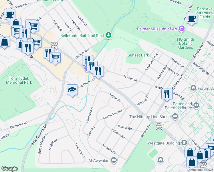 map of restaurants, bars, coffee shops, grocery stores, and more near 1028 North Atherton Street in State College