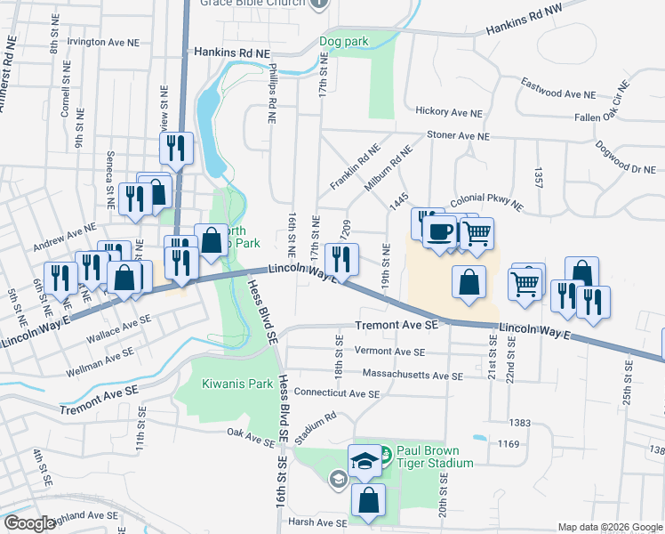 map of restaurants, bars, coffee shops, grocery stores, and more near 1741 Lincoln Way East in Massillon