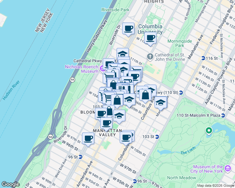 map of restaurants, bars, coffee shops, grocery stores, and more near 240 West 106th Street in New York