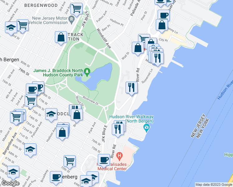 map of restaurants, bars, coffee shops, grocery stores, and more near JFK Blvd E in North Bergen