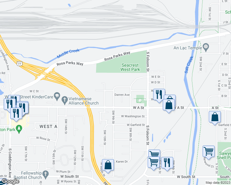 map of restaurants, bars, coffee shops, grocery stores, and more near 870 Darren Avenue in Lincoln