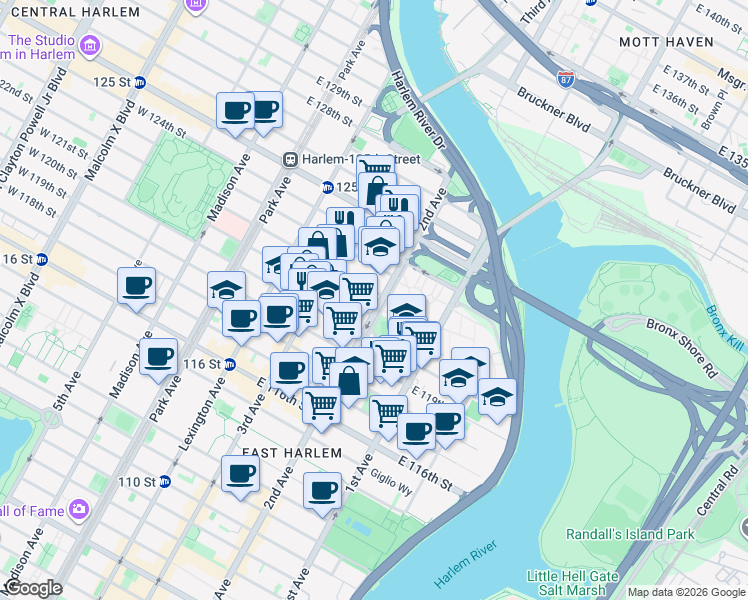 map of restaurants, bars, coffee shops, grocery stores, and more near 2371 2nd Avenue in New York