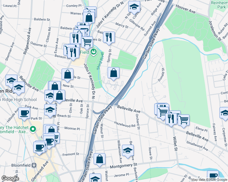 map of restaurants, bars, coffee shops, grocery stores, and more near 440 Memorial Parkway in Bloomfield