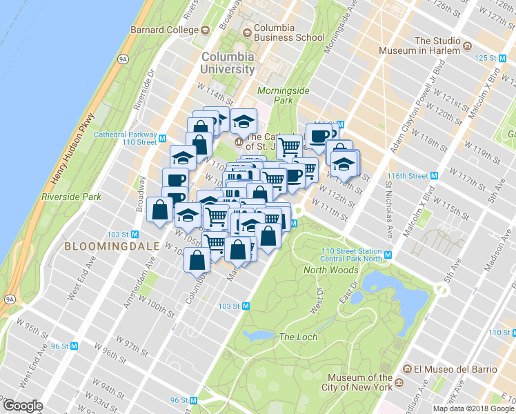 map of restaurants, bars, coffee shops, grocery stores, and more near 62 West 109th Street in New York