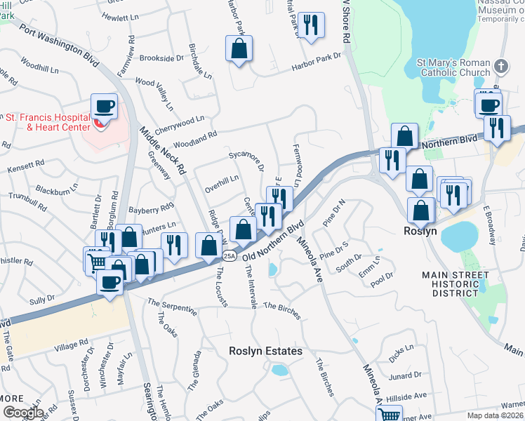 map of restaurants, bars, coffee shops, grocery stores, and more near 16 Ridge Drive East in Roslyn