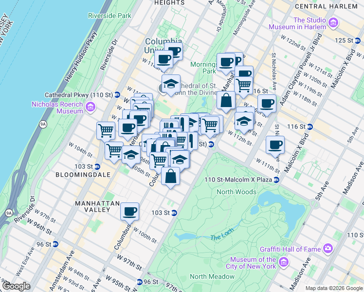 map of restaurants, bars, coffee shops, grocery stores, and more near 66 West 109th Street in New York