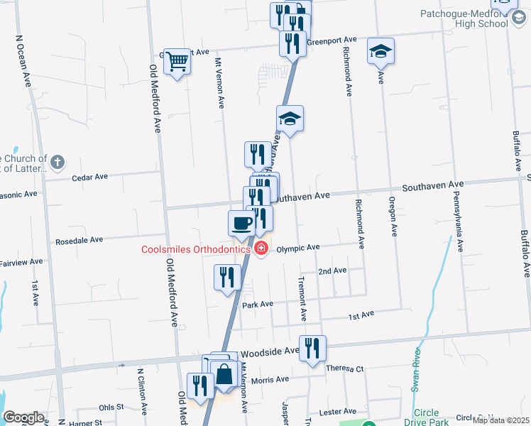 map of restaurants, bars, coffee shops, grocery stores, and more near 1715 New York 112 in Medford