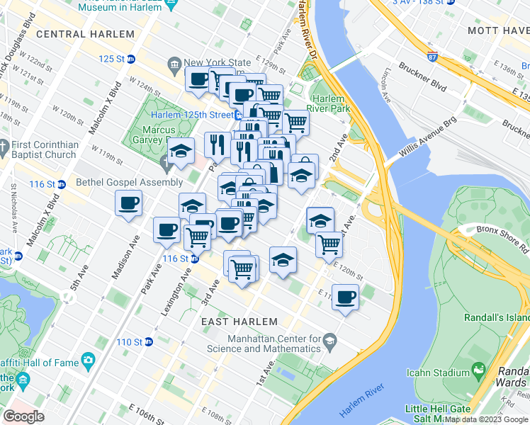 map of restaurants, bars, coffee shops, grocery stores, and more near 2230 3rd Avenue in New York