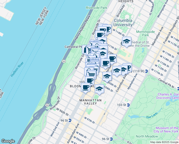 map of restaurants, bars, coffee shops, grocery stores, and more near 256 West 105th Street in New York