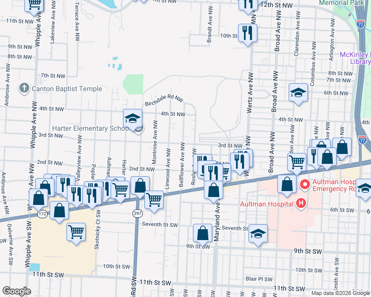 map of restaurants, bars, coffee shops, grocery stores, and more near 262 Bellflower Avenue Northwest in Canton
