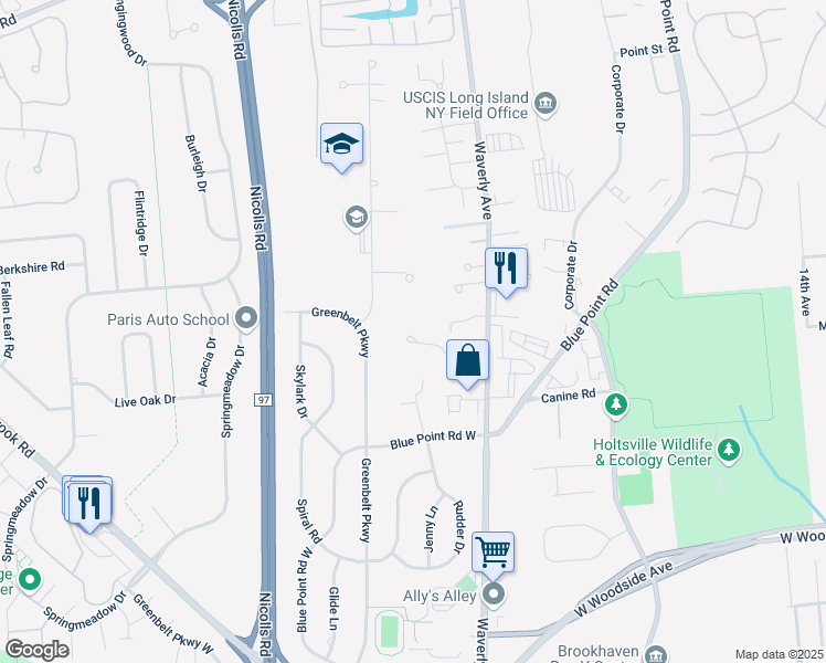 map of restaurants, bars, coffee shops, grocery stores, and more near 16 Deerfield Court in Holtsville