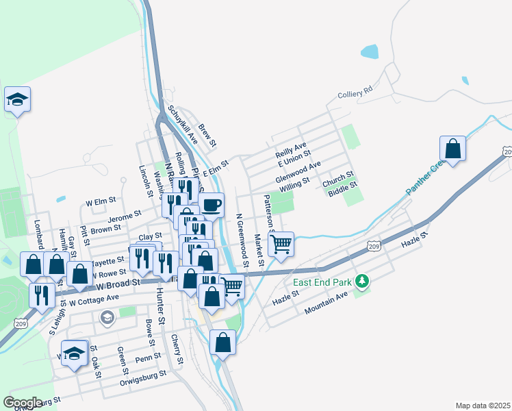 map of restaurants, bars, coffee shops, grocery stores, and more near 217 Market Street in Tamaqua