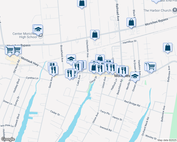 map of restaurants, bars, coffee shops, grocery stores, and more near 457 Main Street in Center Moriches