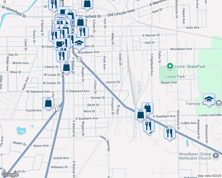 map of restaurants, bars, coffee shops, grocery stores, and more near 702 Prospect Street in Bucyrus