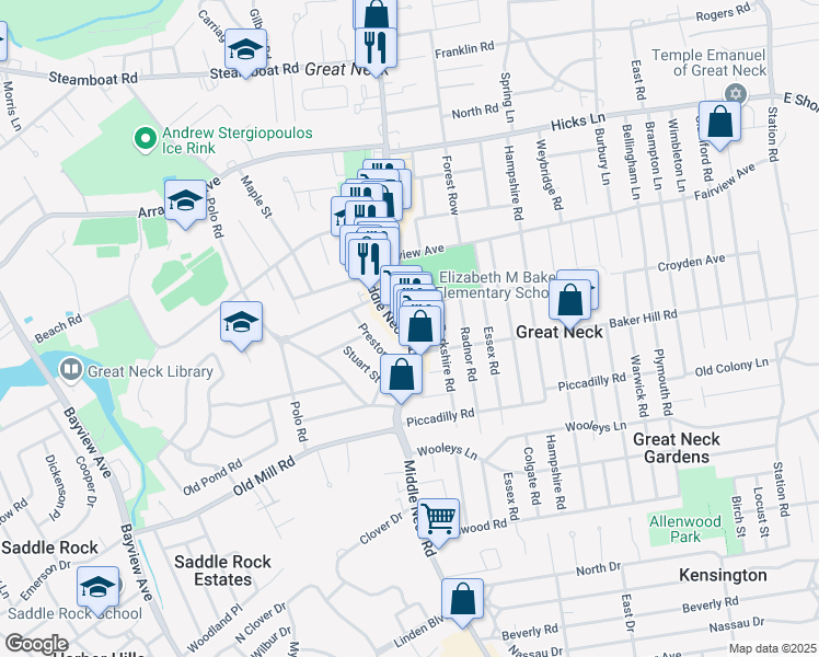 map of restaurants, bars, coffee shops, grocery stores, and more near 4 Croyden Avenue in Great Neck