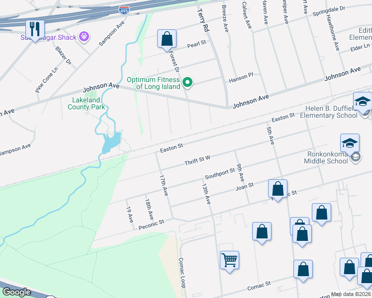 map of restaurants, bars, coffee shops, grocery stores, and more near 357 Easton Street in Ronkonkoma