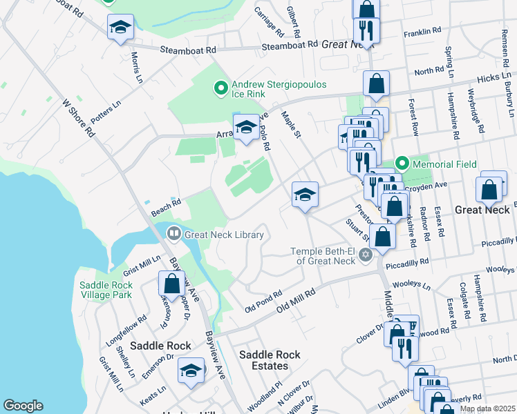 map of restaurants, bars, coffee shops, grocery stores, and more near 79 Beach Road in Great Neck