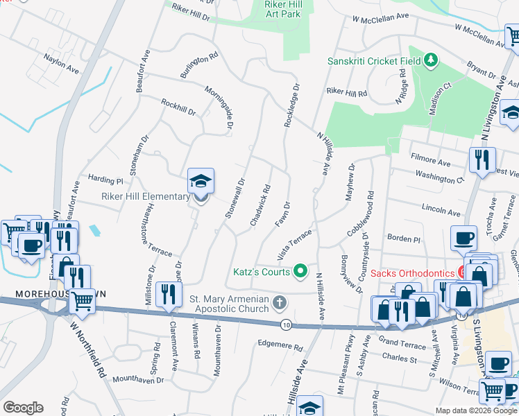 map of restaurants, bars, coffee shops, grocery stores, and more near 12 Chadwick Road in Livingston