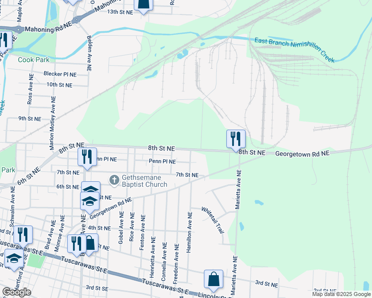 map of restaurants, bars, coffee shops, grocery stores, and more near 2520 8th Street Northeast in Canton