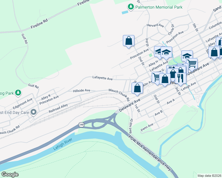 map of restaurants, bars, coffee shops, grocery stores, and more near 10 Lafayette Avenue in Palmerton