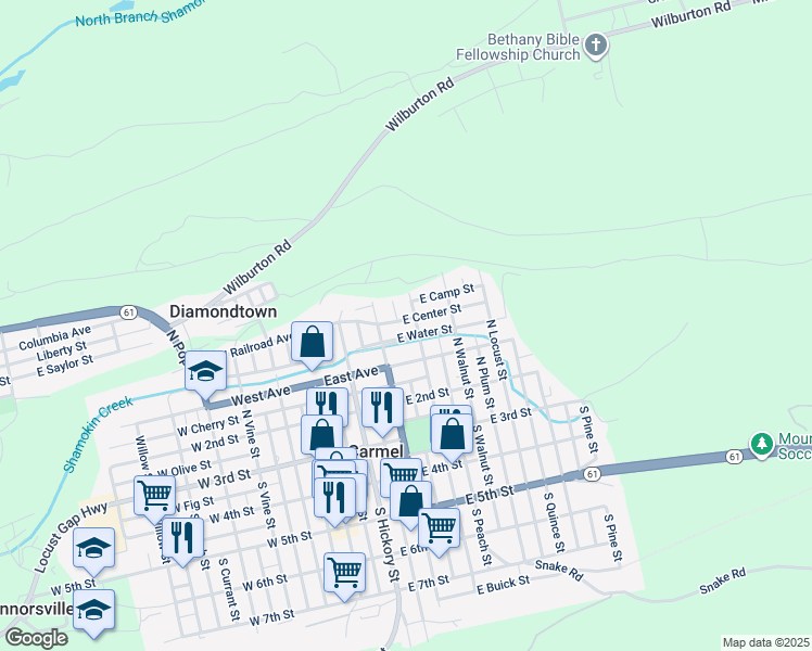 map of restaurants, bars, coffee shops, grocery stores, and more near 240 East Center Street in Mount Carmel