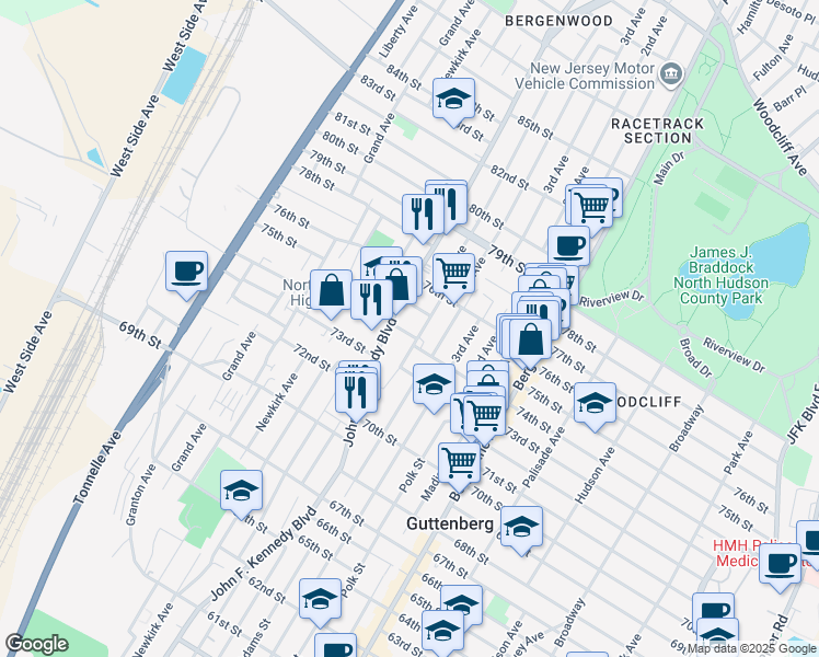 map of restaurants, bars, coffee shops, grocery stores, and more near 30 75th Street in North Bergen
