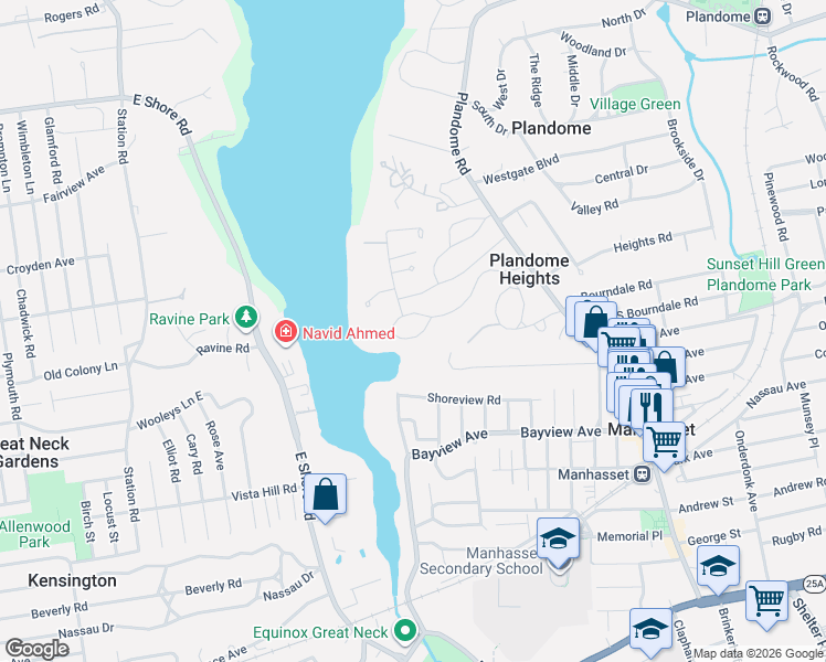 map of restaurants, bars, coffee shops, grocery stores, and more near 135 Bay Driveway in Manhasset