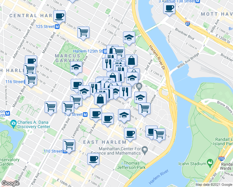 map of restaurants, bars, coffee shops, grocery stores, and more near 2230 3rd Avenue in New York