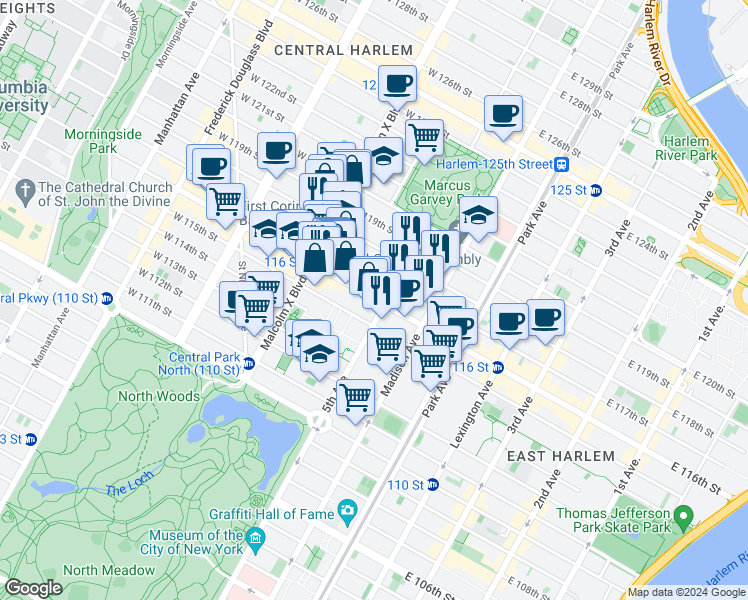 map of restaurants, bars, coffee shops, grocery stores, and more near 22 West 117th Street in New York