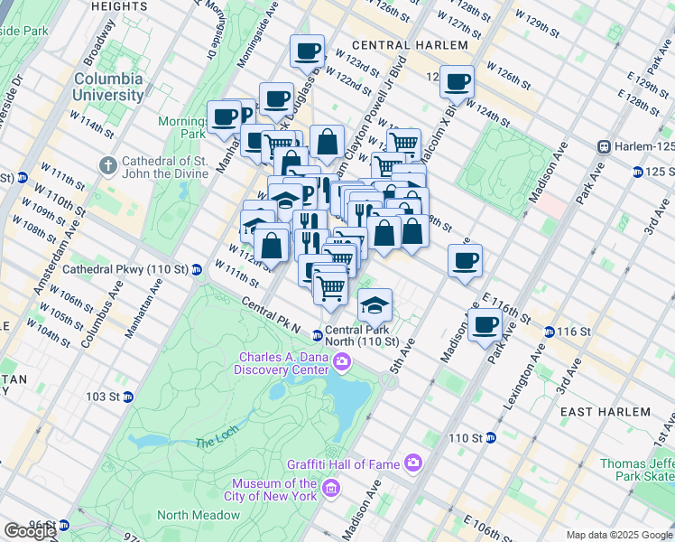 map of restaurants, bars, coffee shops, grocery stores, and more near 113 West 114th Street in New York