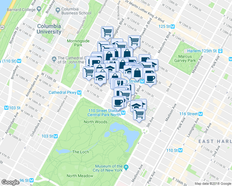 map of restaurants, bars, coffee shops, grocery stores, and more near 124 West 114th Street in New York