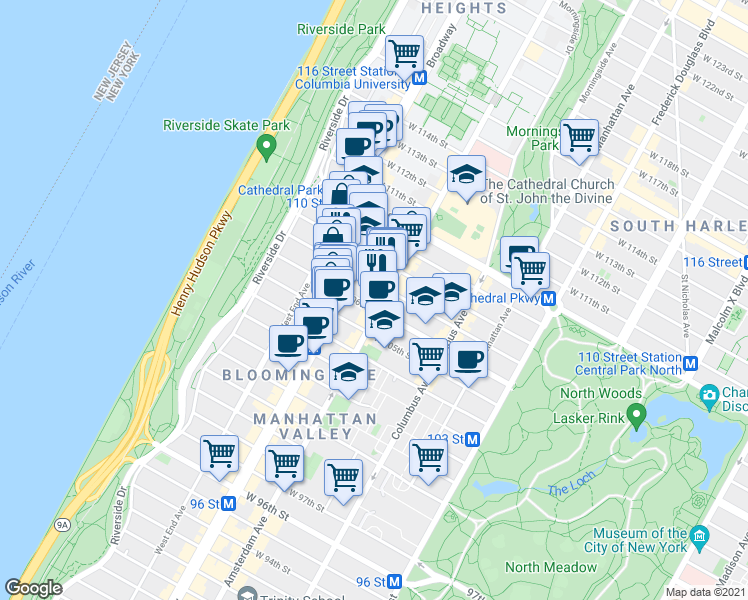 map of restaurants, bars, coffee shops, grocery stores, and more near 220 West 107th Street in New York
