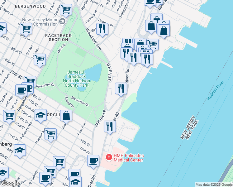 map of restaurants, bars, coffee shops, grocery stores, and more near 64 Bergen Ridge Road in North Bergen