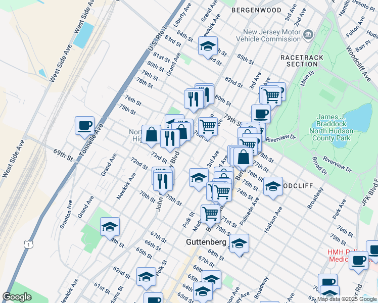 map of restaurants, bars, coffee shops, grocery stores, and more near 30 75th Street in North Bergen