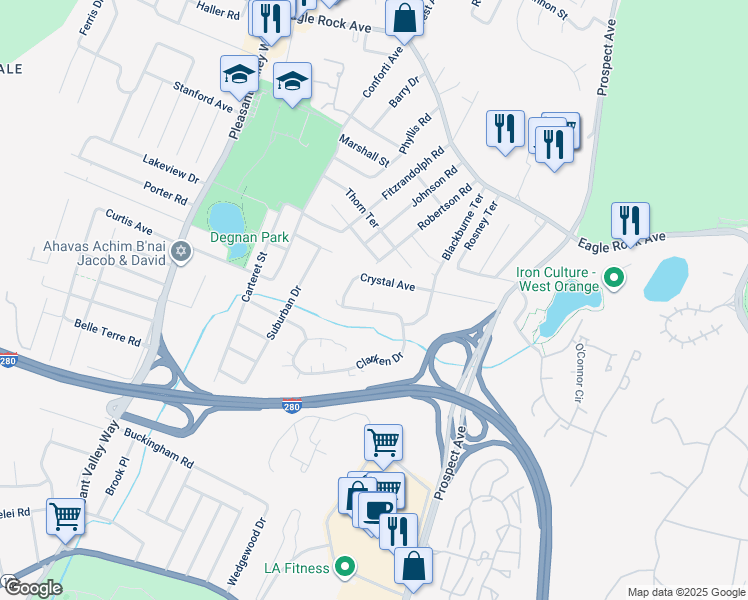 map of restaurants, bars, coffee shops, grocery stores, and more near 53 Crystal Avenue in West Orange