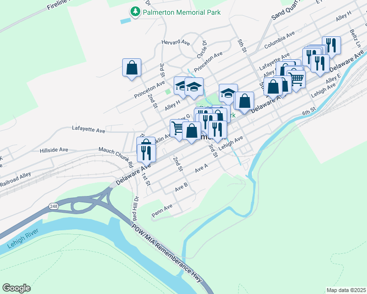 map of restaurants, bars, coffee shops, grocery stores, and more near 241 Delaware Ave in Palmerton