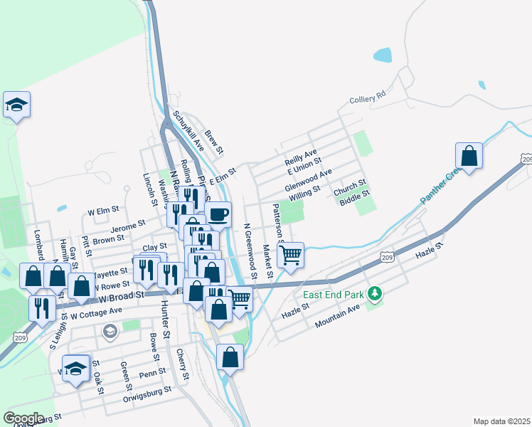 map of restaurants, bars, coffee shops, grocery stores, and more near 306 Market Street in Tamaqua