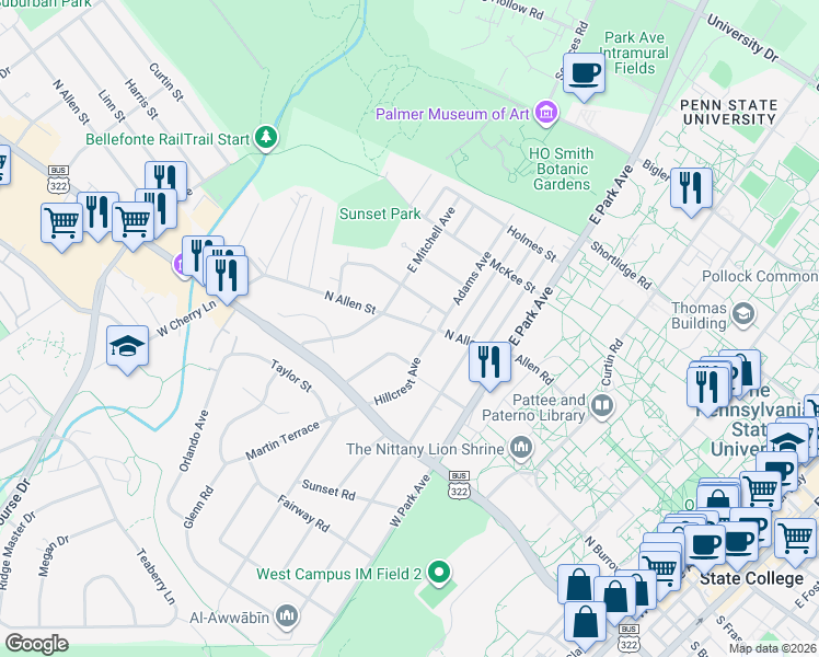 map of restaurants, bars, coffee shops, grocery stores, and more near in State College