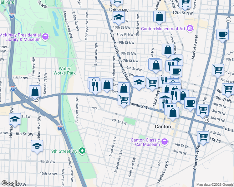 map of restaurants, bars, coffee shops, grocery stores, and more near 1035 2nd Street Northwest in Canton