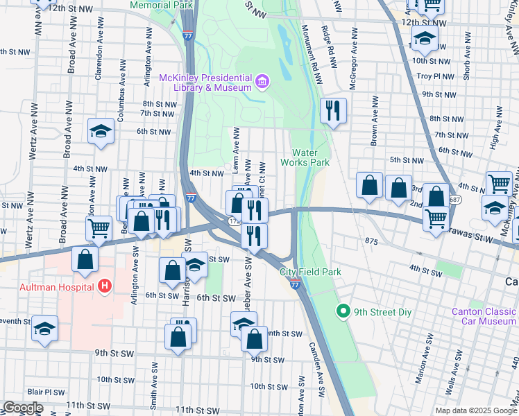 map of restaurants, bars, coffee shops, grocery stores, and more near 210 Kennet Court Northwest in Canton