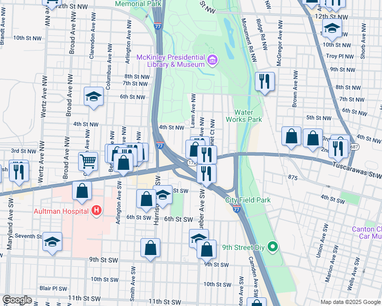 map of restaurants, bars, coffee shops, grocery stores, and more near 217 Lincoln Avenue Northwest in Canton