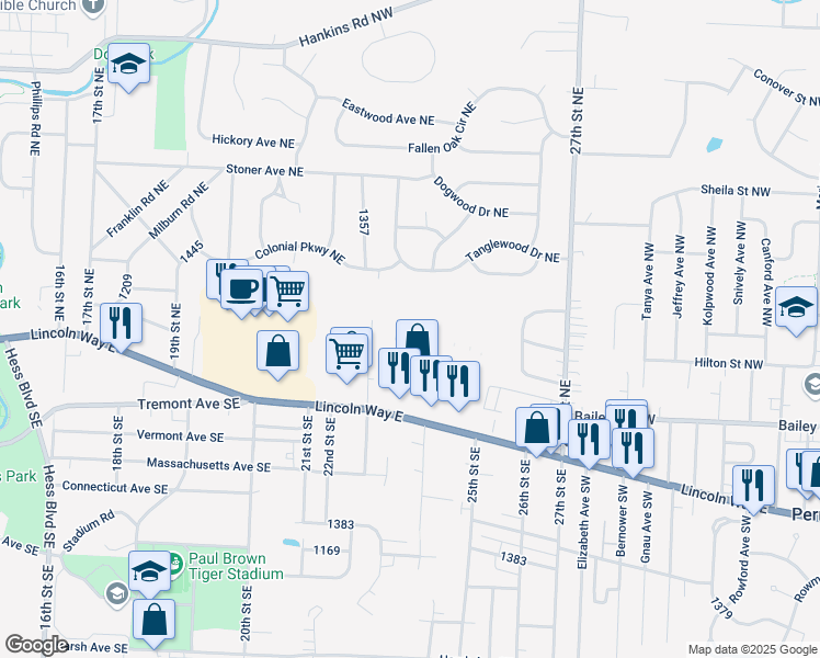 map of restaurants, bars, coffee shops, grocery stores, and more near 2335 Tanglewood Drive Northeast in Massillon