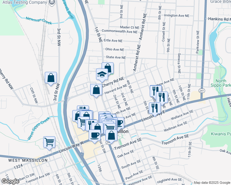 map of restaurants, bars, coffee shops, grocery stores, and more near 516 2nd Street Northeast in Massillon
