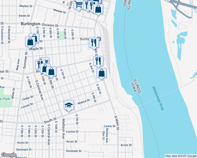 map of restaurants, bars, coffee shops, grocery stores, and more near 716 South 3rd Street in Burlington